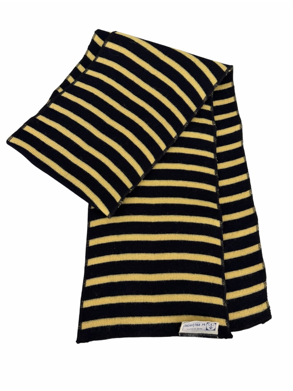 LE MINOR Navy Yellow Striped Pure Wool Scarf Made in France